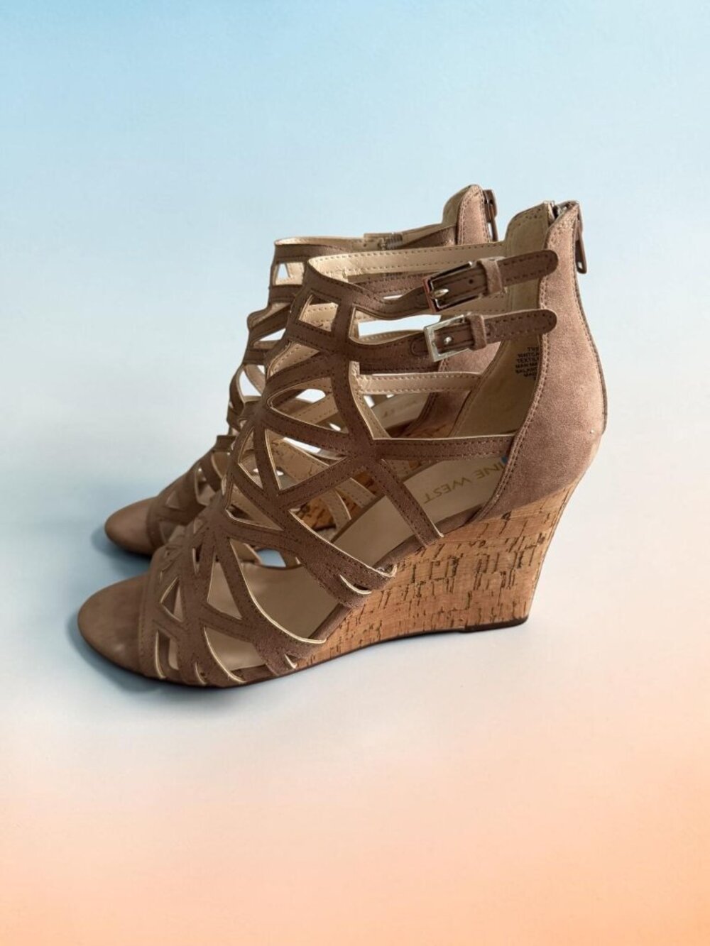 NINE WEST Beige Cage Wedges Sandals Size 7.5